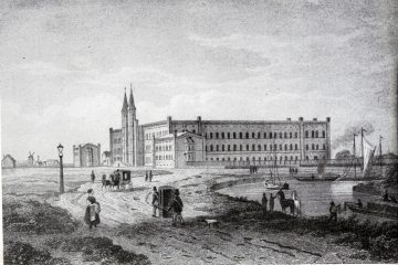 Bethanien um 1850. Variante eines Stichs, die den Luisenstädtischen Kanals noch ohne Geländer zeigt. Im Hintergrund befindet sich eine Mühle statt eines rauchenden Schornsteins.